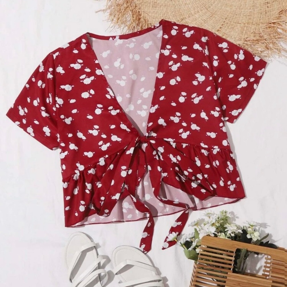 SHEIN Red & White Floral Front Tie Top